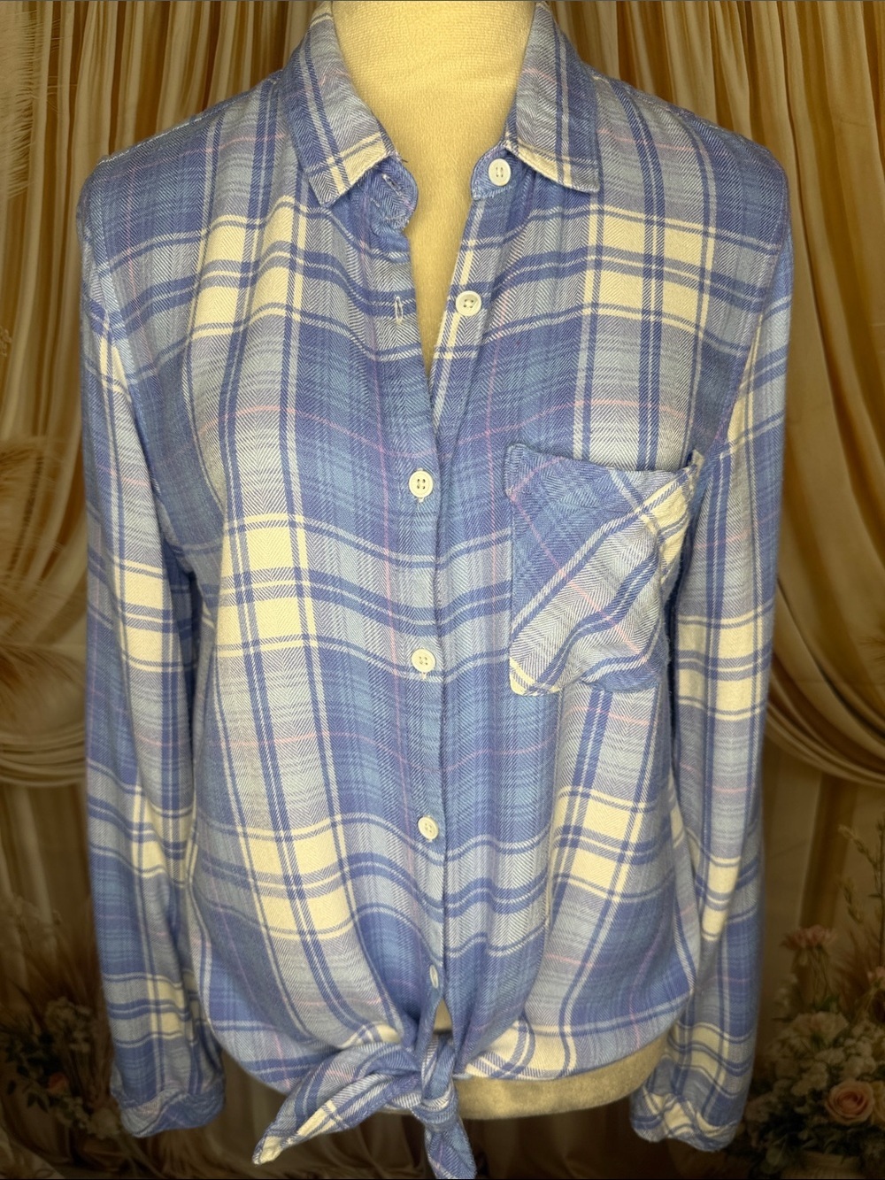 Altar'd State Blue and Cream Plaid Button-Down Shirt